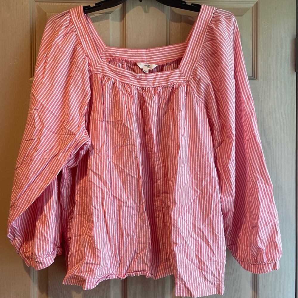 Terra & Sky Coral and White Square‎ Neck Striped Blouse, Size 2X
